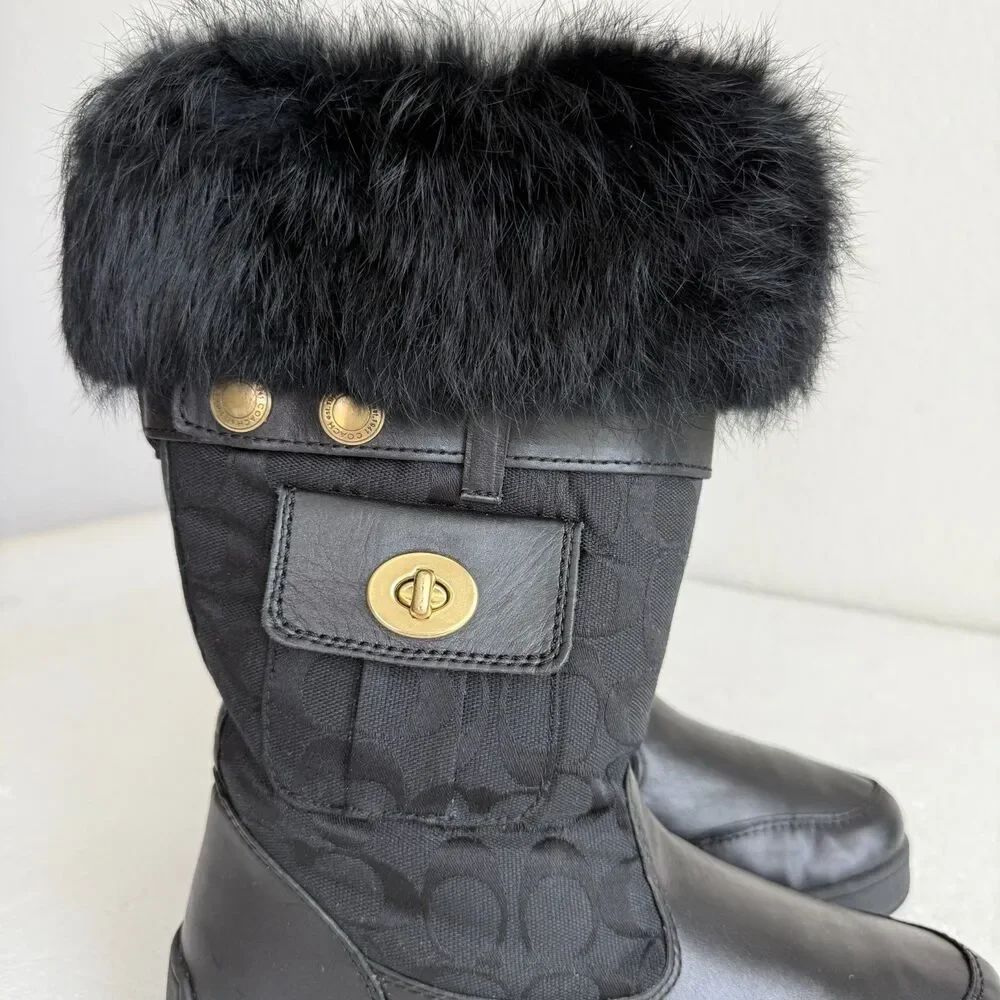 Coach Kimberly Fur Boots Women's 9M Black Leather Fabric Logo Pocket Side Zipper - Picture 4 of 16